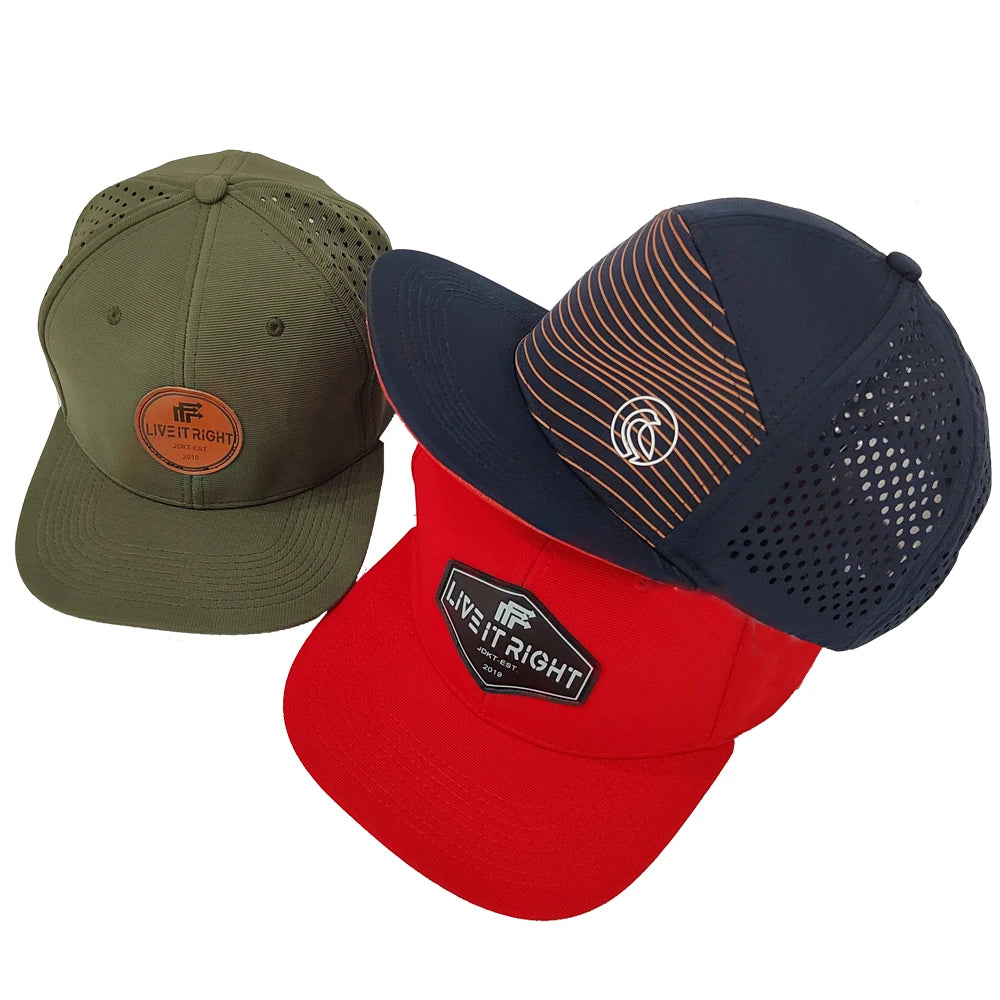 Custom 5 Panel Embroidery Green Luxury Snapback Caps Men Flat Bill Hip Hop Laser Cut Hole Perforated Terry Print Hat Rubber