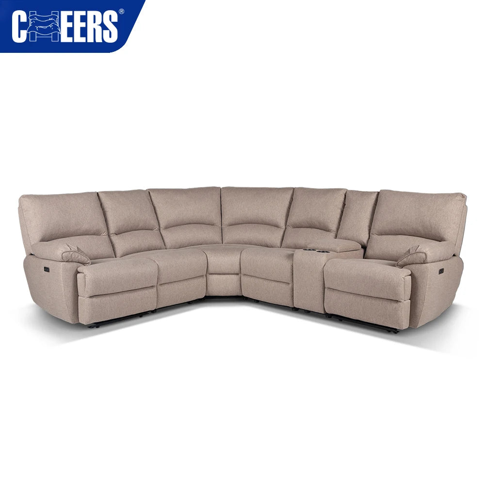 MANWAH CHEERS Modern Electric High Back Reclining 5 Seat Corner Sofa USB Cup Holder Extendable Feature Fabric Upholstery Metal