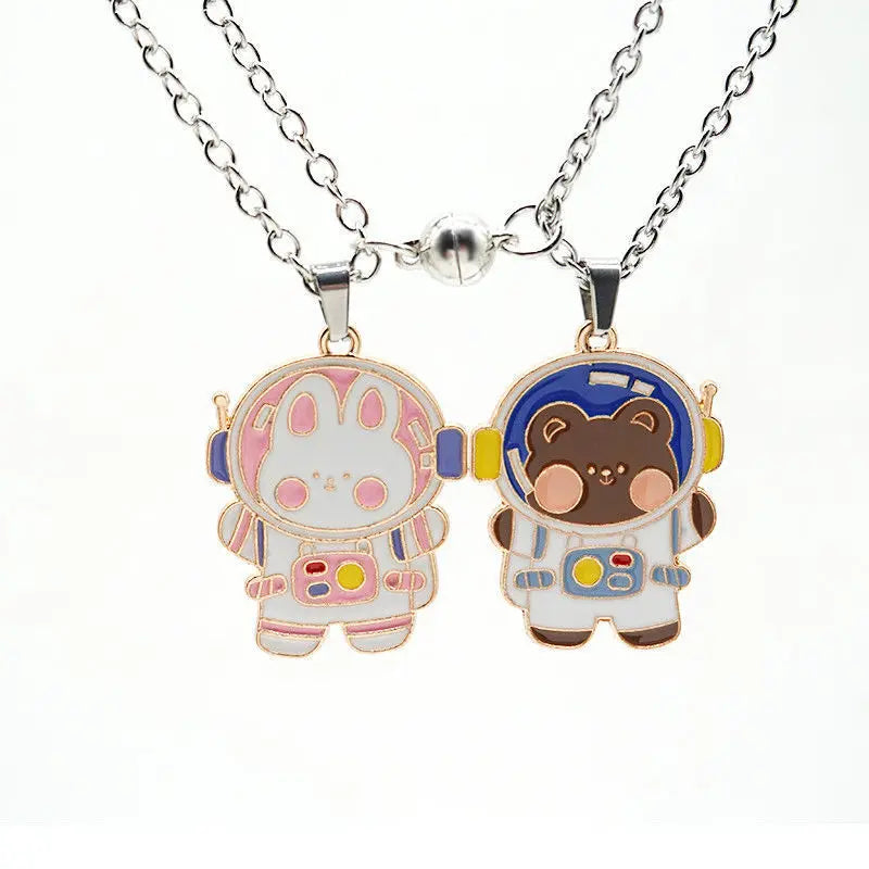 Cute Cartoon Astronaut Bear Rabbit Magnetic Enamel Charms Pendants Necklace for Couple Men Women Lover Gift