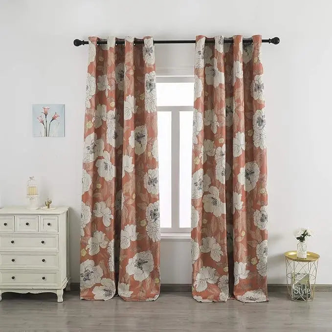 American Style Chinese Plum Blossom Floral Print Curtains Green Pleated Grommet Decorative Window Coverings for Office and Cafe
