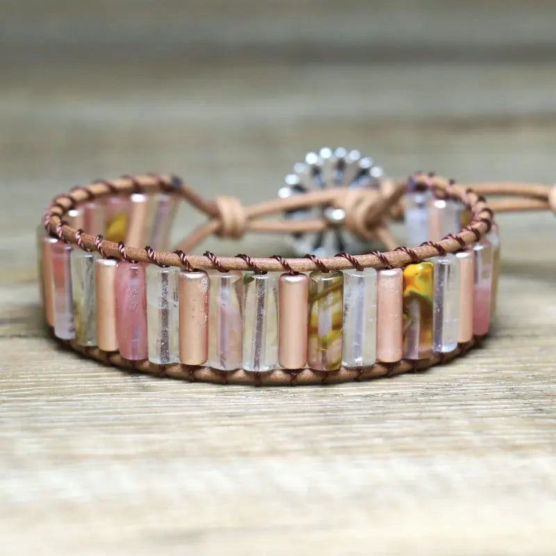 Watermelon Peel Crystal Bracelet for Women Handmade Yoga Meditation Natural Stone Vintage Leather Wrap Beaded Boho Bracelet
