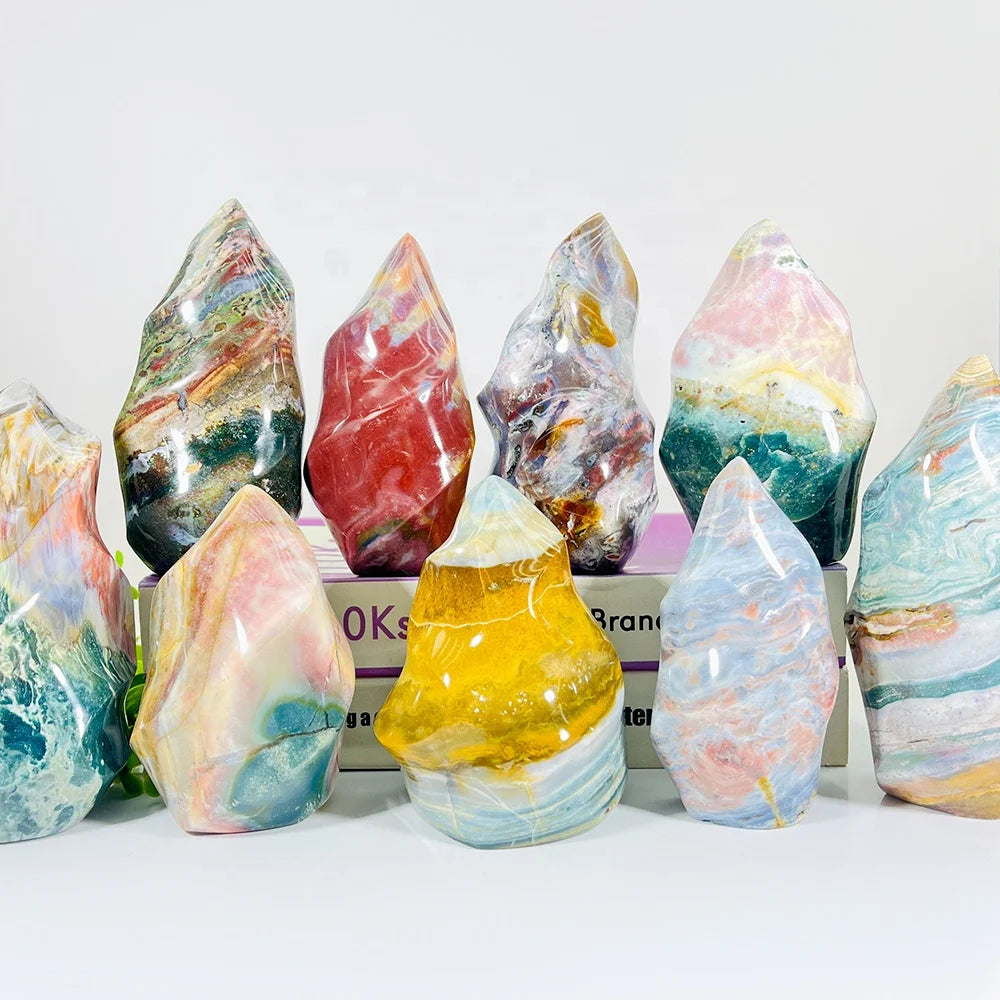 Wholesale Natural Crystal Hand Carved Flame Healing Stone Ocean jasper Flame Carvings for Decoration