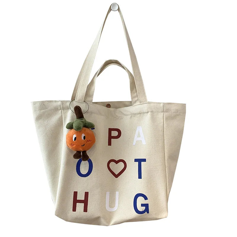 New Korean Cartoon Eco-friendly Durable Canvas Tote Bag for Female College Students Large Capacity Book Bag One Shoulder Strap