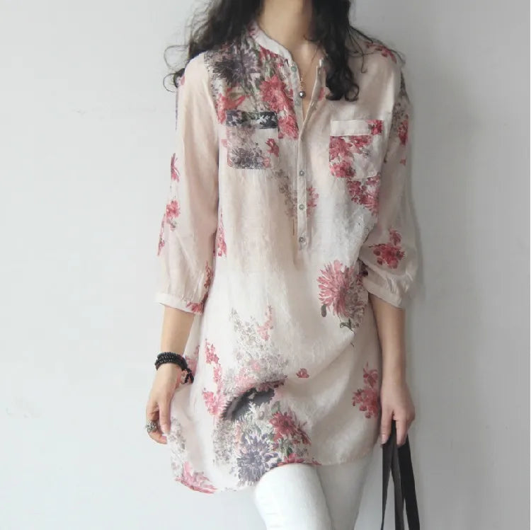 Fashion Cotton Linen Floral Blouse Shirt Casual Loose Buttons Tops Casual Summer Ladies Female Women Long Sleeve Blusas Pullover
