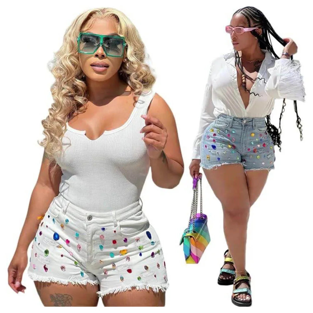 2026 New Fashion Plus Size Colorful Crystal Denim Booty Shorts Sexy Summer Clothes Women Diamond Tassel Ripped Jeans Shorts