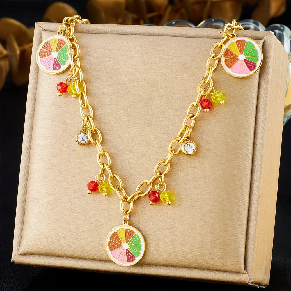 New Cartoon Stainless Steel Lemon Pendant Necklace Anti-Tarnish 18k Pvd Gold Plated Colorful Lemon Charm Necklace for Women