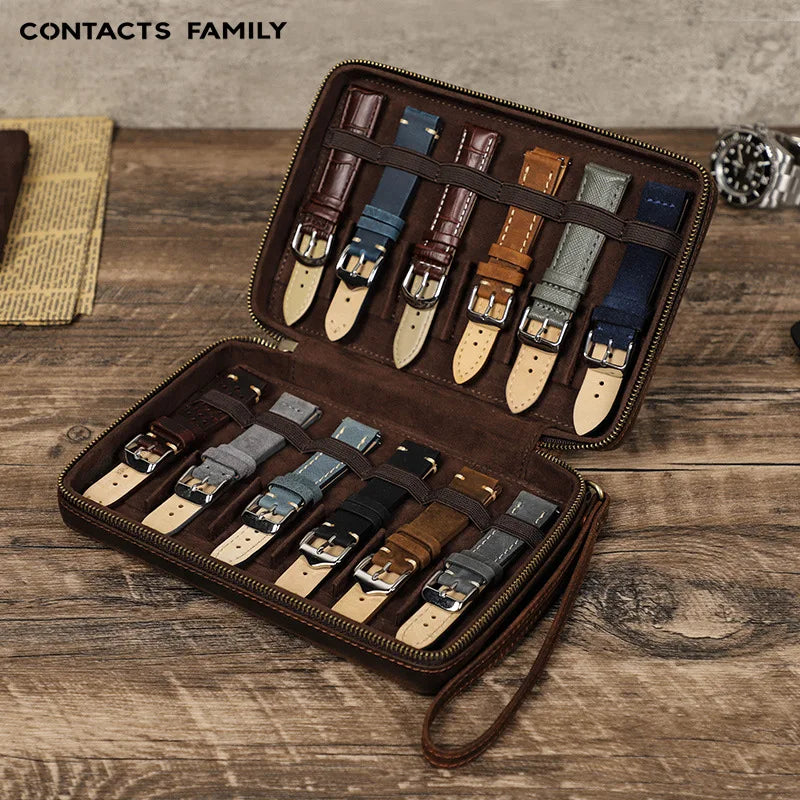 Vintage Crazy Horse Genuine Leather Men Women Watch Band Box Smart Watch Strap Display Storage Watch Suitcase