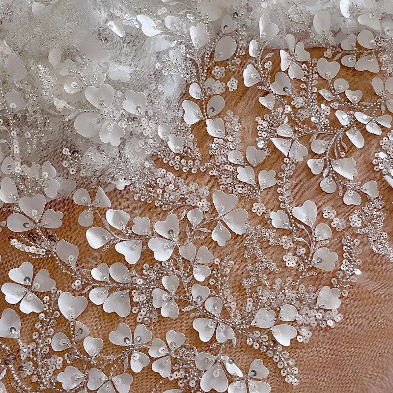 Bridal 3D Luxurious Embroidered Tulle Lace Fabric Beaded Sequin White 100% Polyester Custom-made Wedding Dress