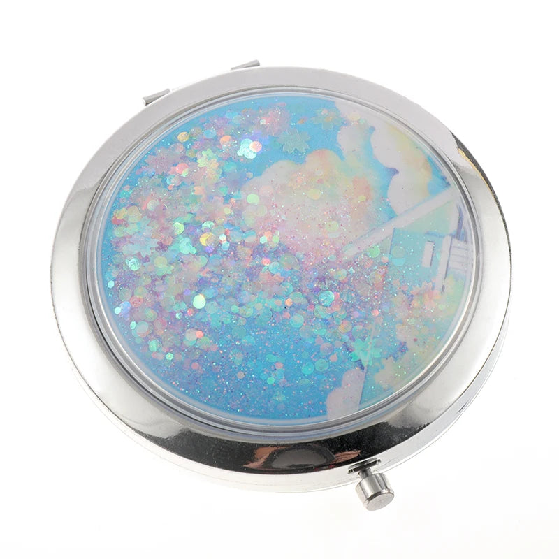Custom Logo Mini Folding Round Small Hand Mirrors Double Sided Quicksand Liquid Glitter Compact Pocket Mirror For Makeup