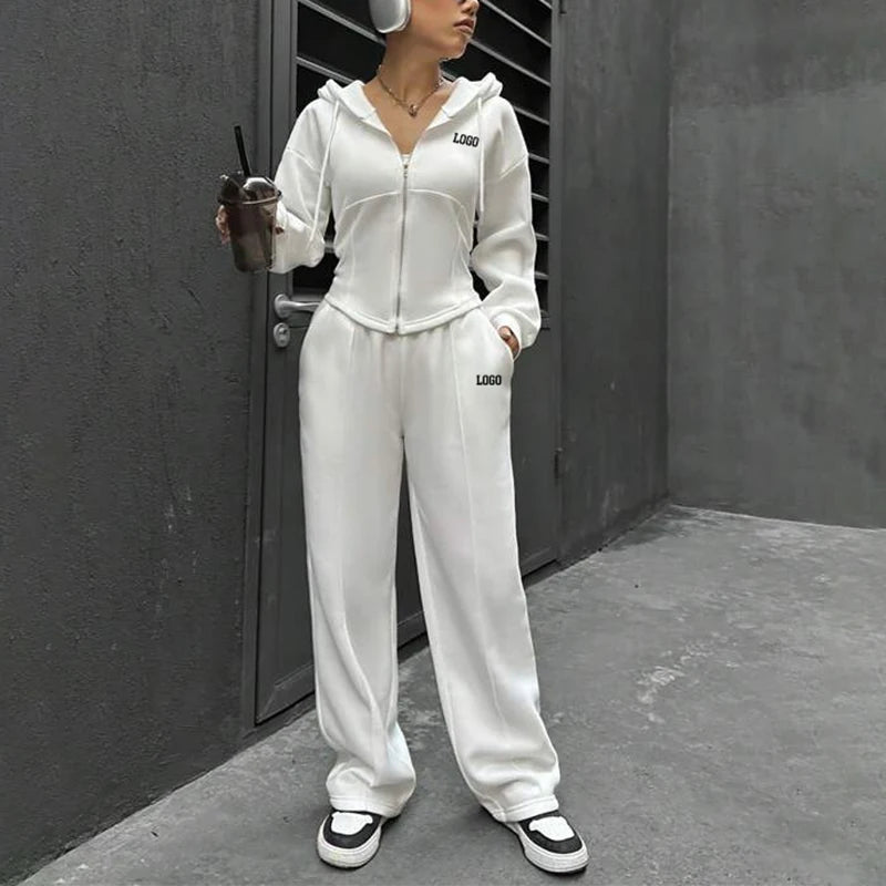 F230744 Custom Tracksuit Women 2 Pieces Zipper Turn-Down Collar Sweatshirt Jacket and Loose Jogger Sweatpants Women Hoodie Set