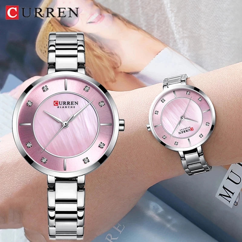 For CURREN 9051 Waterproof Women Wristwatch Elegant Luxury Sport Style Stainless Steel Ladies Watch 16mm Rhinestone Dial Quartz