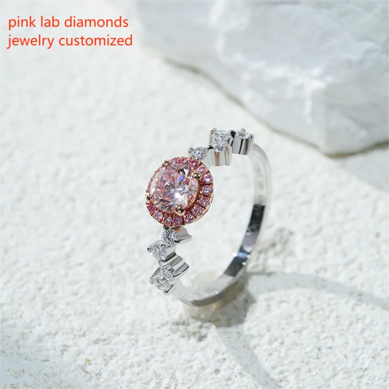 18K Solid Gold Fine Jewelry Starsgem Custom Ring Pink 1ct Round Diamond Wedding Halo DEF VVS CVD Hpht  IGI Lab Diamond Ring