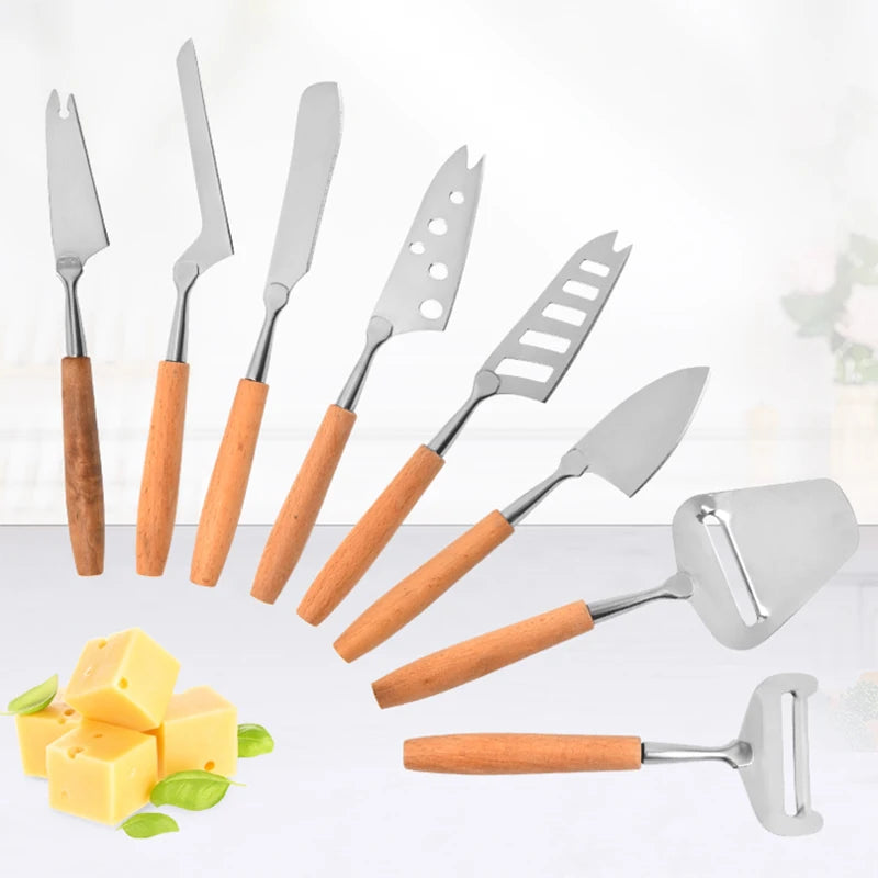 Acacia Wood Handle Cheese Tools Set Stainless Steel Slicer Grater Butter Cheese Knives Cake Board Cutter