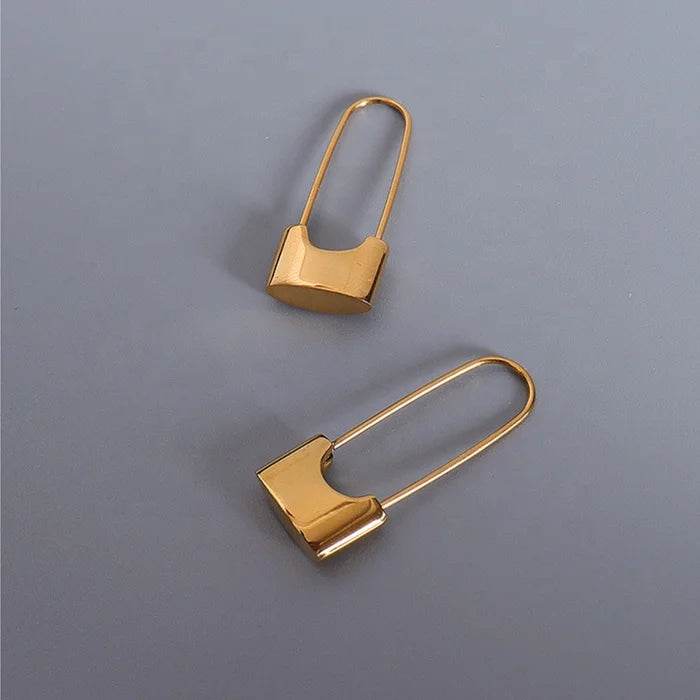 Fashion Lock Pin Style 18K Gold Plated Statement Earrings Stainless Steel Jewelry