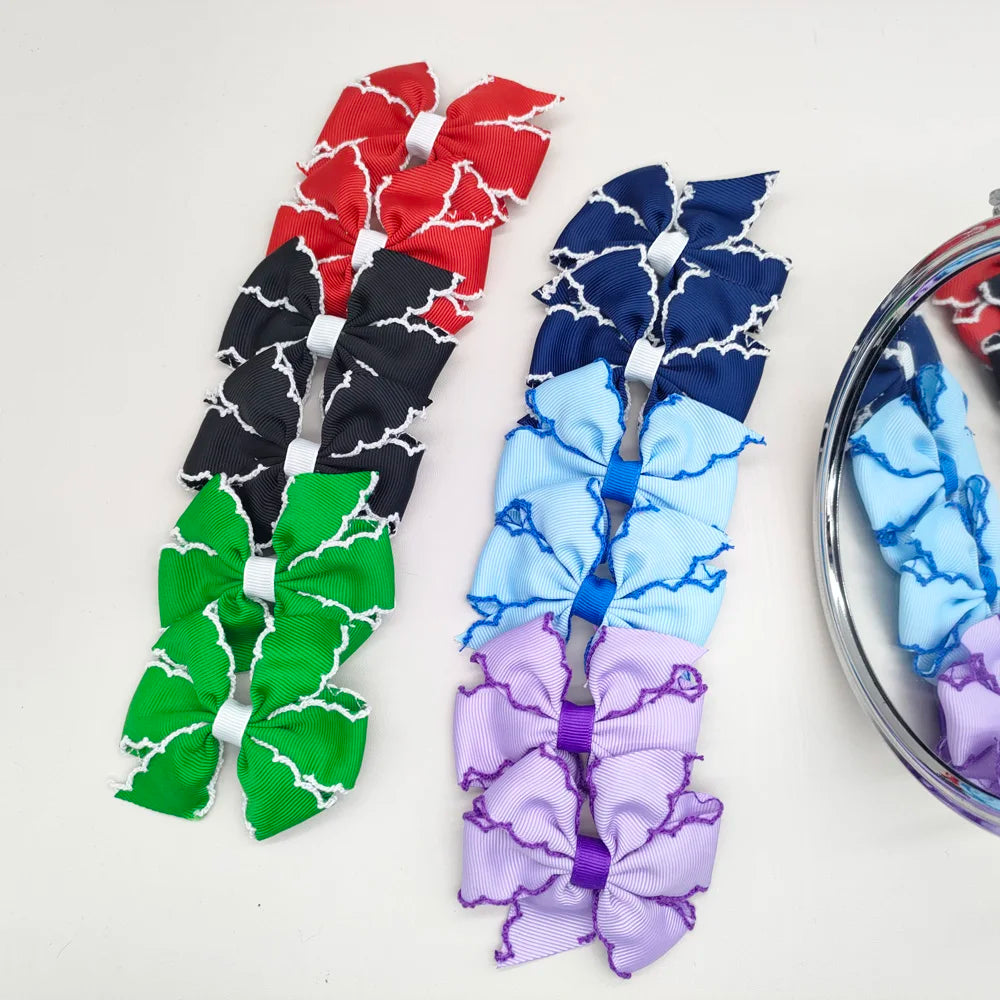 Factory Handmade Wholesale Custom Hair Bow Clip Set for Girls Hair Accessories Moonstitch Edge Embellished Grosgrain Bow Clip