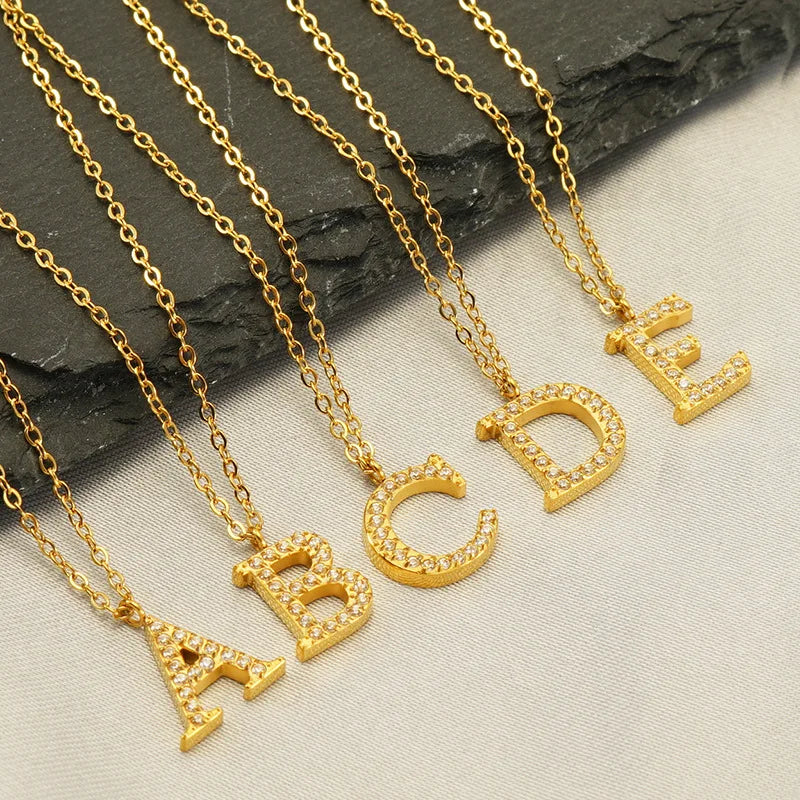 Fashion Jewelry Gold Plated Cubic Zirconia CZ Alphabet Necklace Waterproof Stainless Steel Initial Letter Necklace for Women