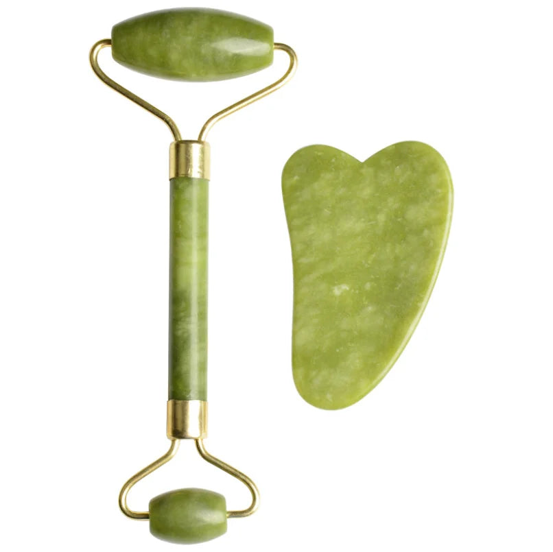 Natural Green XiuYan Jade Roller Set Heart Shape Guasha Facial Massager Green Facial Jade Roller and Gua Sha Set