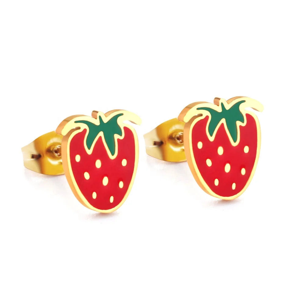 2022 New Design Stud Earrings Fruit Strawberry Kids Stud Earrings 18k New Fashion Gold Plated Hypoallergenic Kids Stud Earring