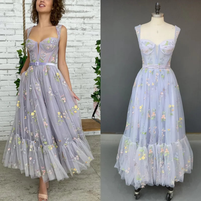 15244# Appliques Spaghetti Straps A-line Engagement Wedding Gown Birthday Party Dress for Women Prom Evening Dress Real Photos