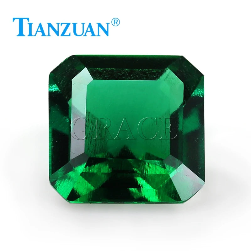 Dark Green Asscher Square Shape Emerald Cut Created Hydrothermal Muzo Emerald with Minor Cracks Inclusions Loose Gemstone