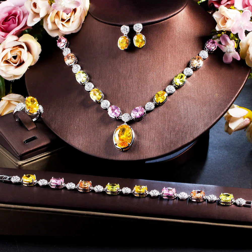 4pcs Luxury Jewelry Set Shiny Multi Color Yellow Oval Cubic Zircon Adjustable Ring Necklace Bracelet Earring for Women Wedding