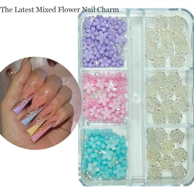 3D Resin Camellia White Rose Flower Design Nail Charms Mixed Steel Beads Kawaii Acrylic 3D Resin Nail Flowers