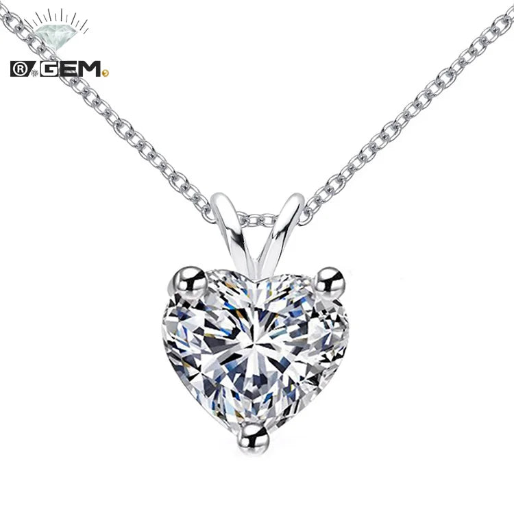Cheap Heart-Shaped Moissanite Link Chain Necklace R.GEM. GRA Certified Classic Rhodium Plated 925 Sterling Silver 3-Prong 1ct
