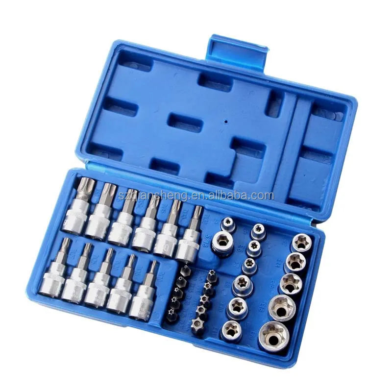 34Pcs Bits Socket Set Chrome Vanadium Steel Press Batch Sleeve Star E Type Screwdriver Socket Torx Bits Drill Holes Tool