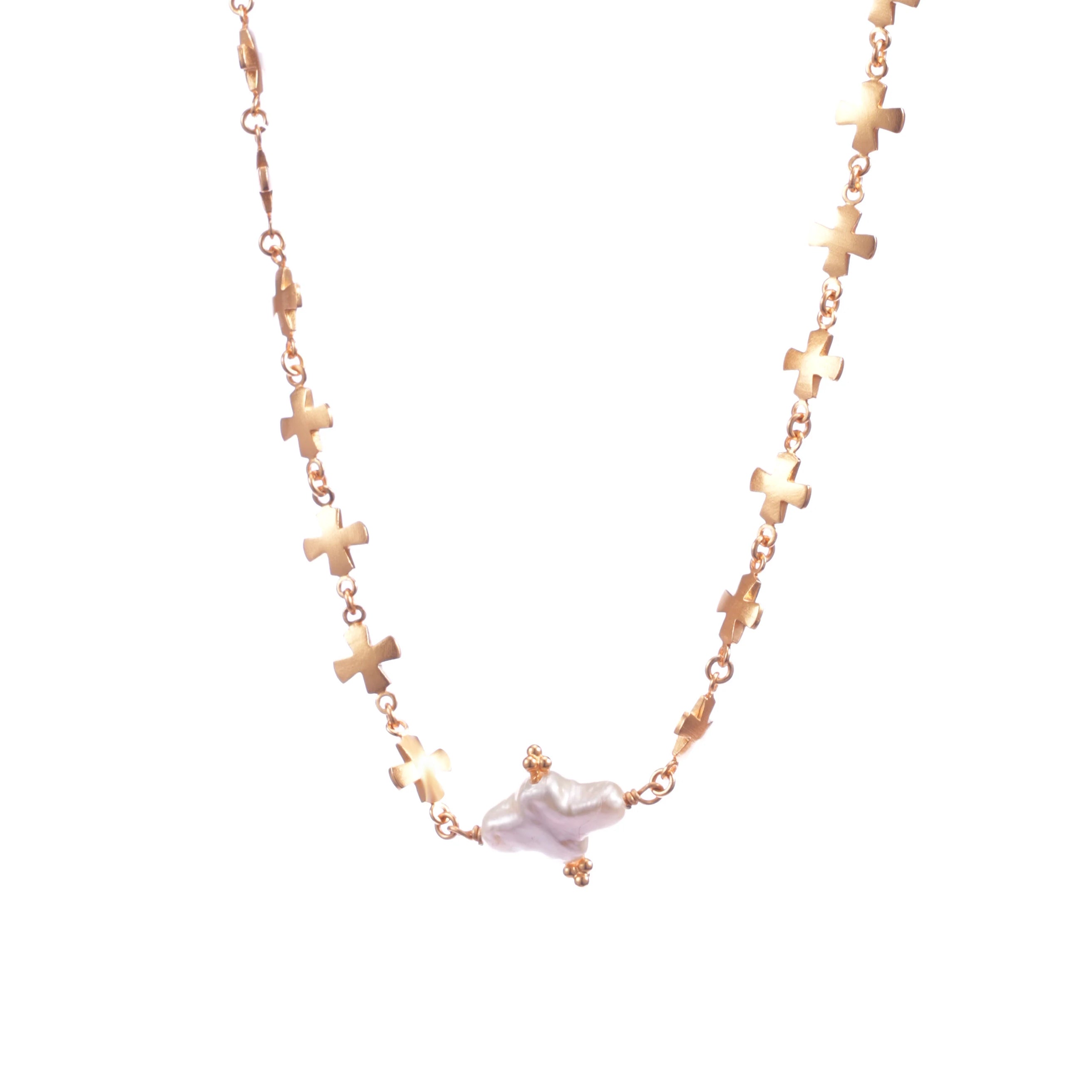 Vintage Women's Real Real Gold Plated Brass Cross Necklace with Natural Pearl Geometric Link Chain Third Party Certified for Gift