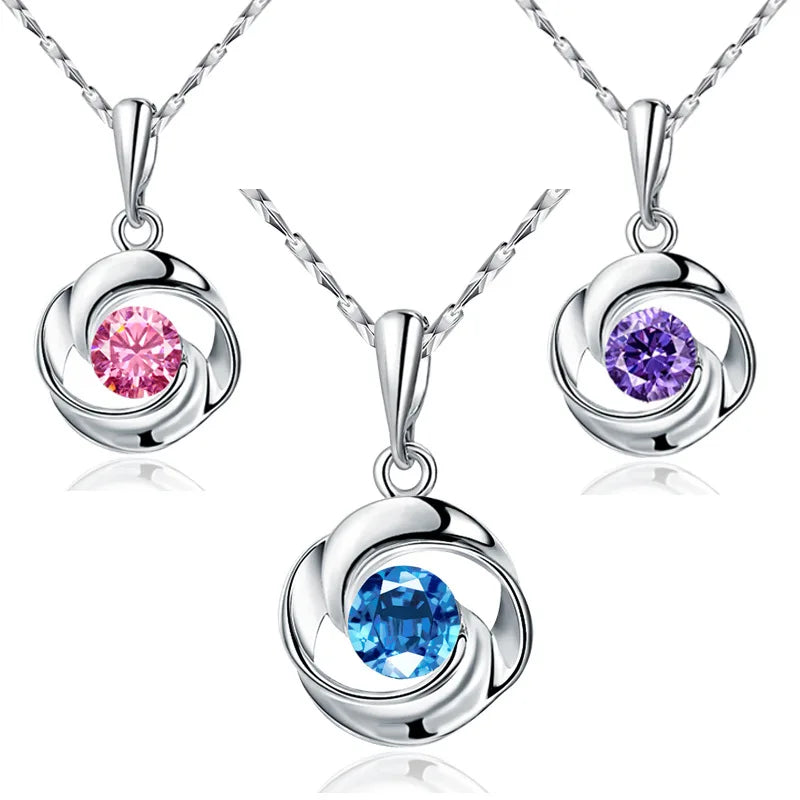 Elegant Blue Moissanite Cubic Zirconia Pendant 925 Sterling Silver Water Wave Chain Necklace for Women