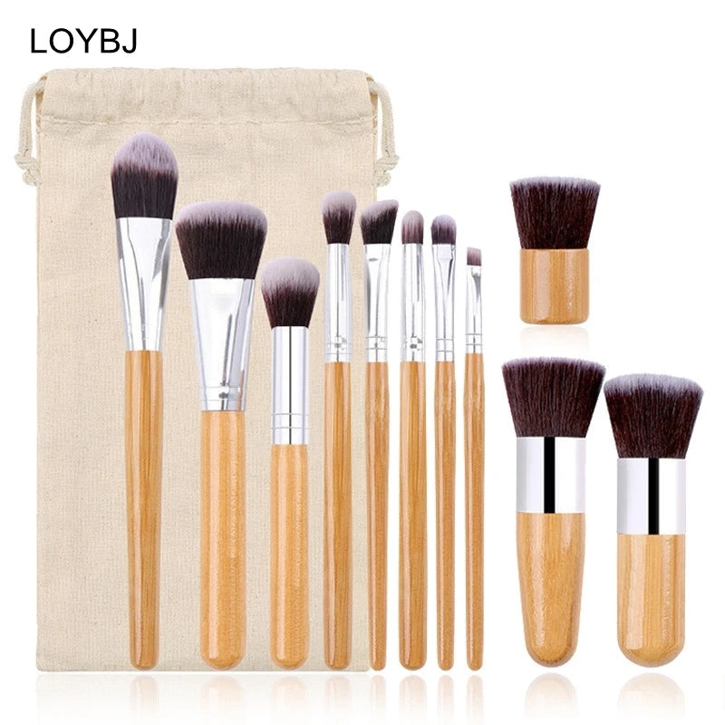 Private Label Bamboo Handle Makeup Brush Set Cosmetic Powder Foundation Eyeshadow Eyebrow Brush Vegan Make up Tools Burlap Bag