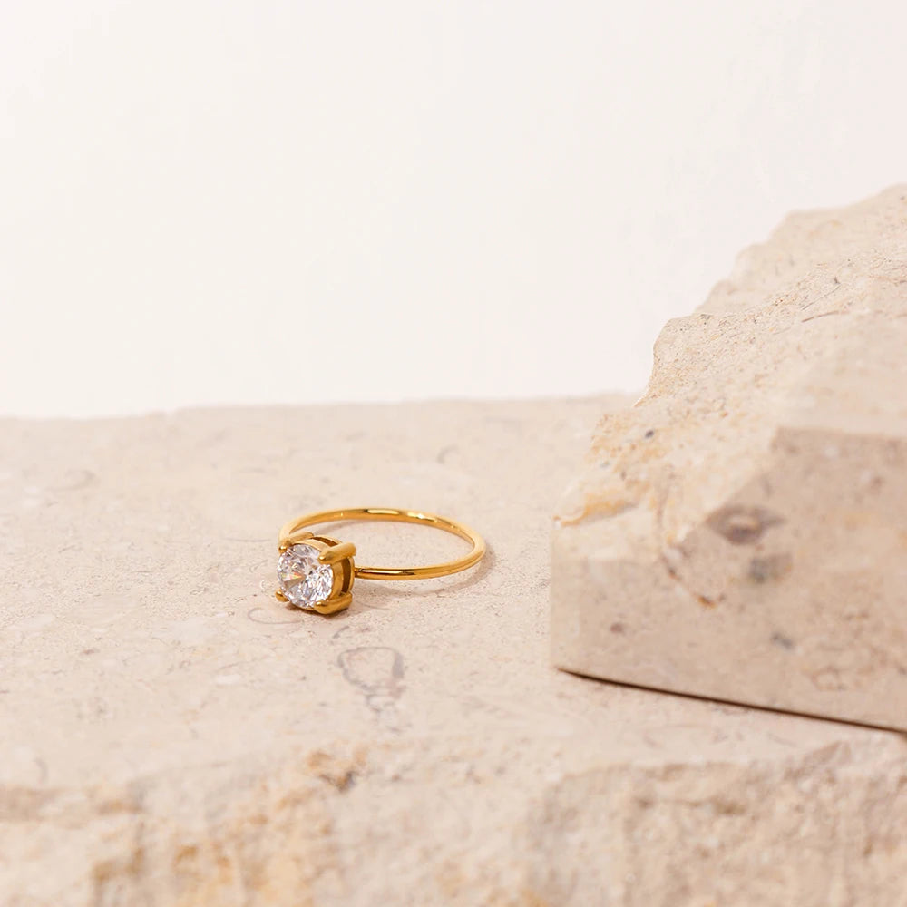 Chris April Vintage 316L Stainless Steel PVD Plated Minimalist Zircon Four Claw Inlaid Rings