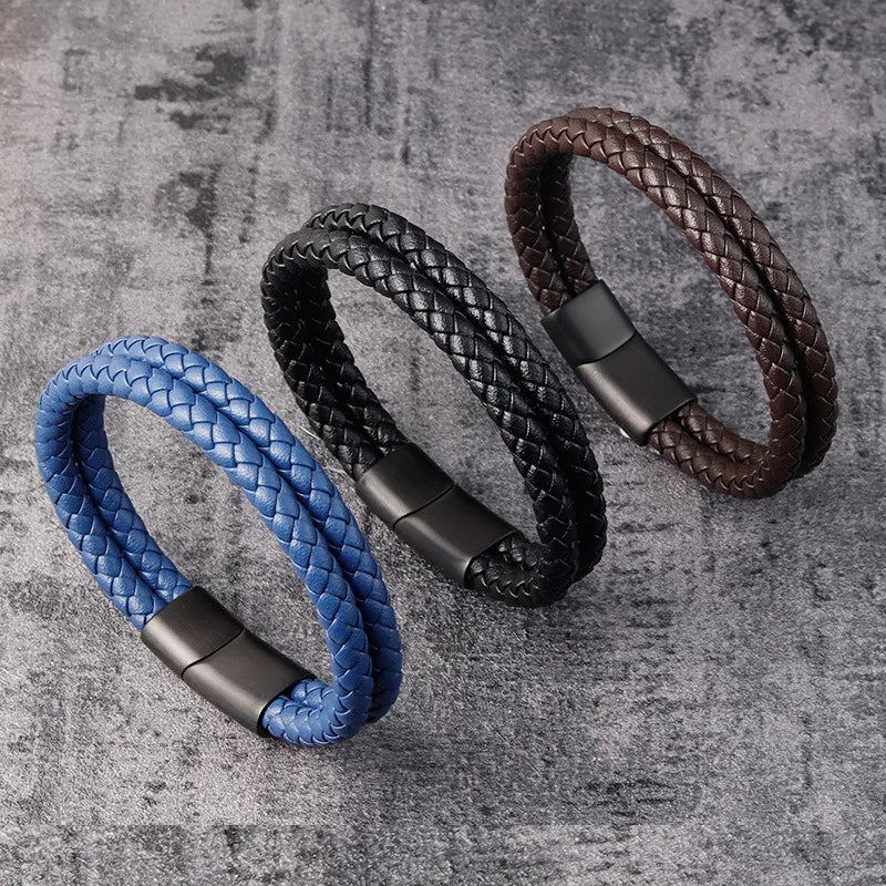 High Quality Simple Design Men Jewelry Handmade Stainless Steel Magnet Clasp Genuine Leather Bracelet Men