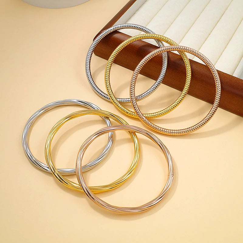 Fashion Stainless Steel Wholesale Jewelry Tarnish Free 18K Rose Gold Plated Waterproof Textured Hollow Cuff Bangle Bracelet Set