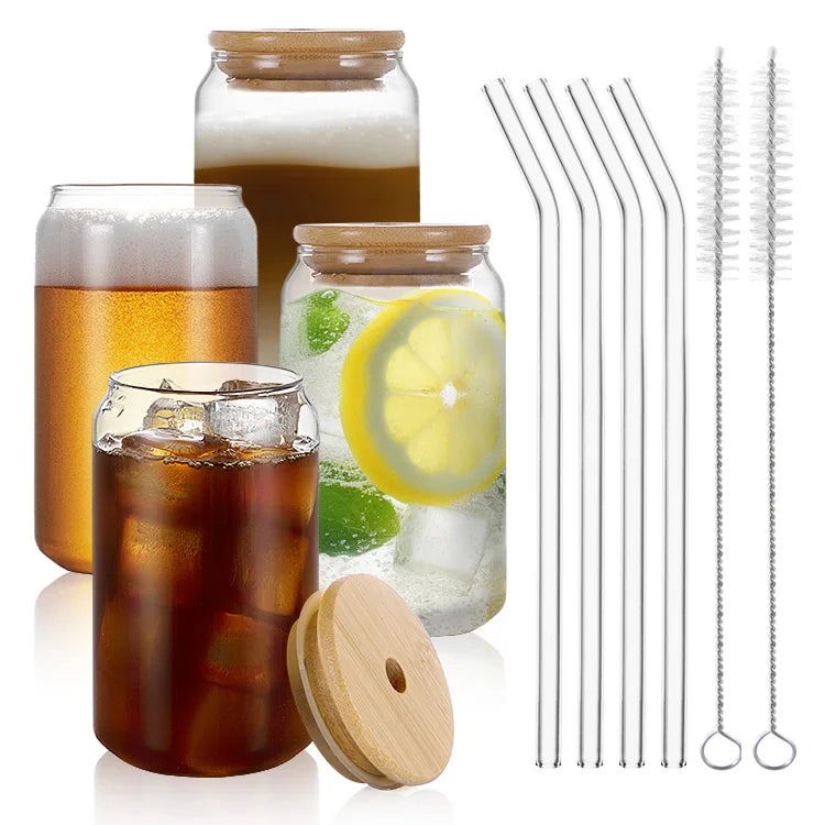 16oz Coffee Mug Tea Cup Bar Glassware Clear Borosilicate Drinking Cocktail Glasses Water Tumbler Can Beer Glass With Lid Straw