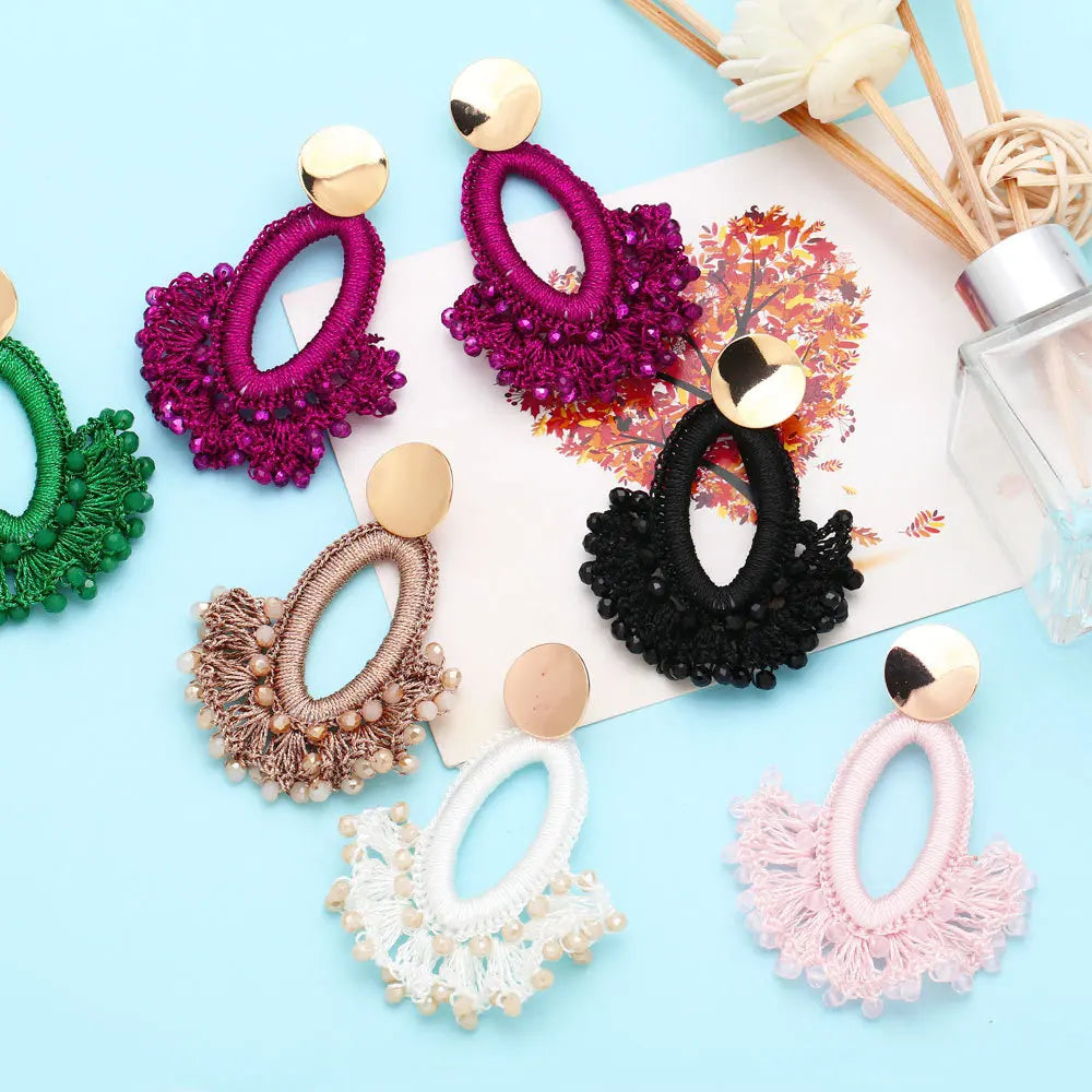 European and American Fashion Exaggerated Hand-made Bead Earrings Fan-shaped Tassel Earrings Bohemian National Wind Earring