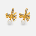 NEW VINTAGE BOW TROPICAL TIE ZIRCON PEARL PENDANT EARRINGS Dazan INS 18k Gold Plated Hypoallergenic Stainless Steel LADY JEWELRY
