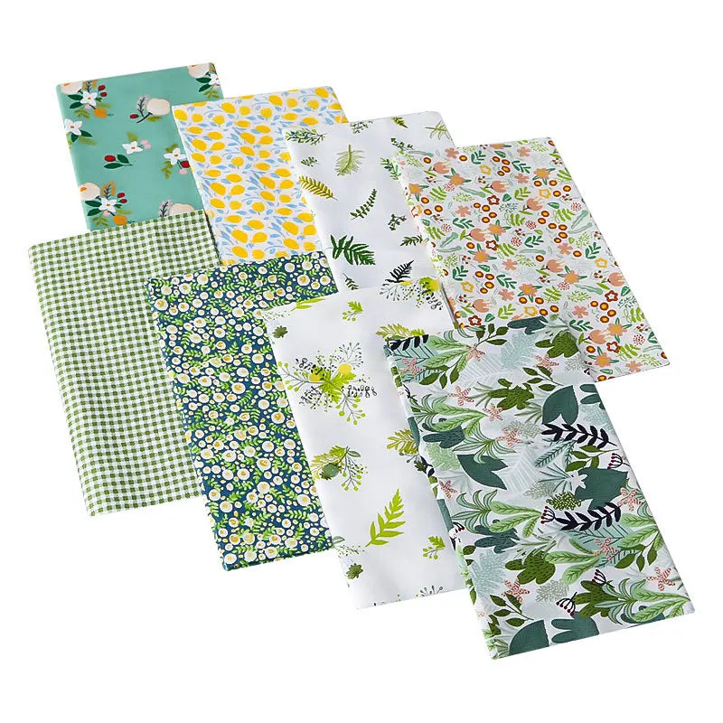 8pcs Assorted Patterns Green Floral Printed Twill Eco-Friendly Cloth Patchwork Cotton Fabric Bundle Squares for Hand Sewing