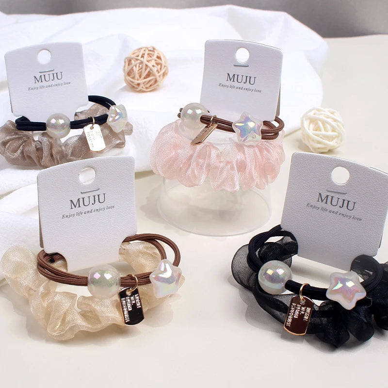 Rapid Sample 2-Piece Pack of China Big East Gate Pearl Spandex Hair Ties Scrunchies for Women and Girls MUJU Fashion