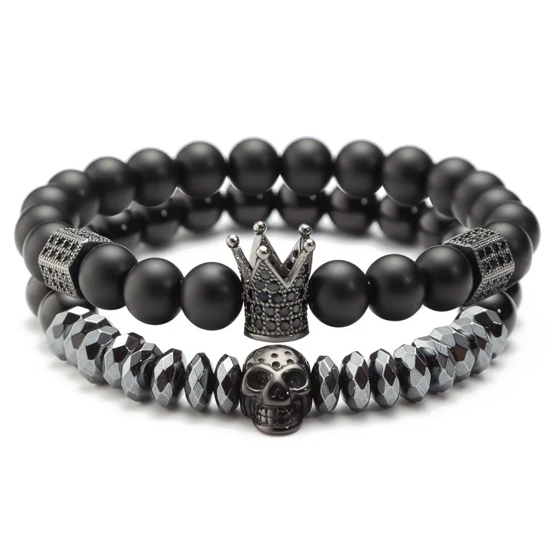 Hot Selling Matte Onyx Stone Bead  Skull Set Crown Jewelry Mens s for Women