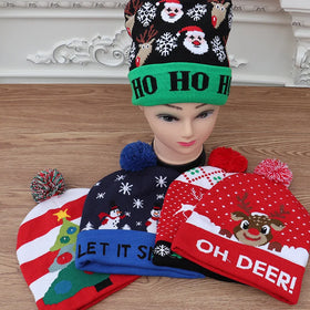 Wholesale Custom Red Knit Funny Santa Party Christmas Hat LED Beanie for Kids and Adults for Winter Seasons