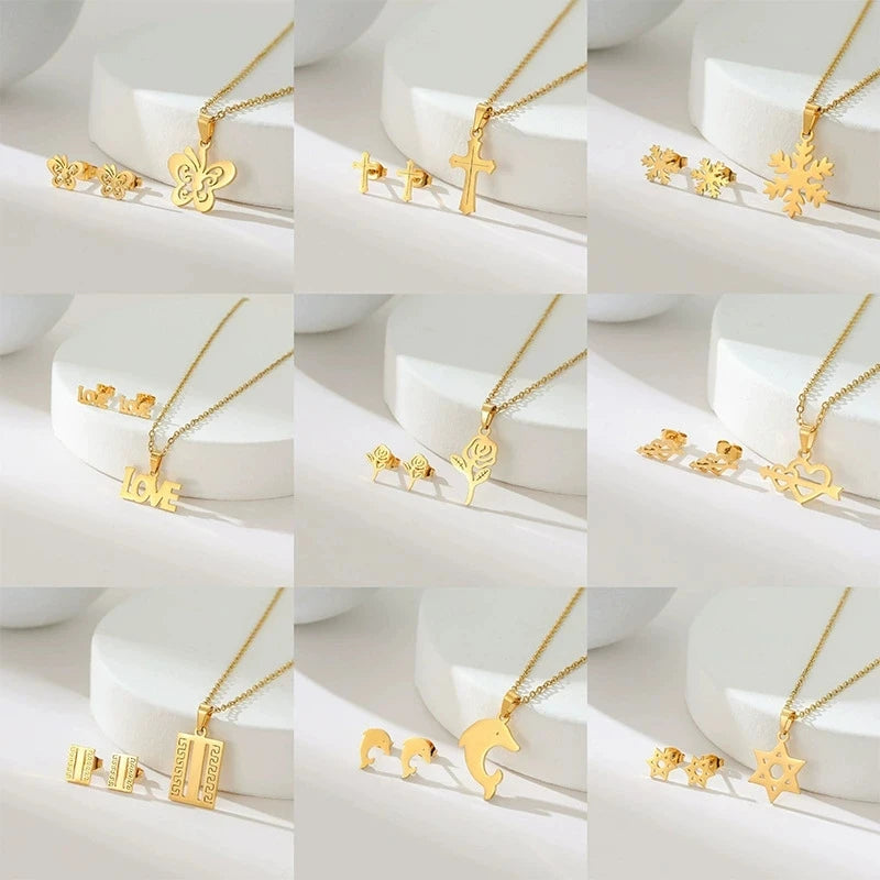 Fashion Religious Stainless Steel Letter S Cross Butterfly Rose Gold Plated Earring Necklace Jewelry Set