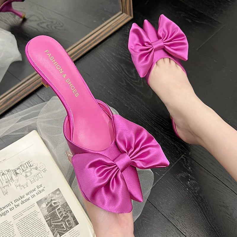 Bow Sexy Luxury Half Shoes High Heel slippers Women's Sandals 6062