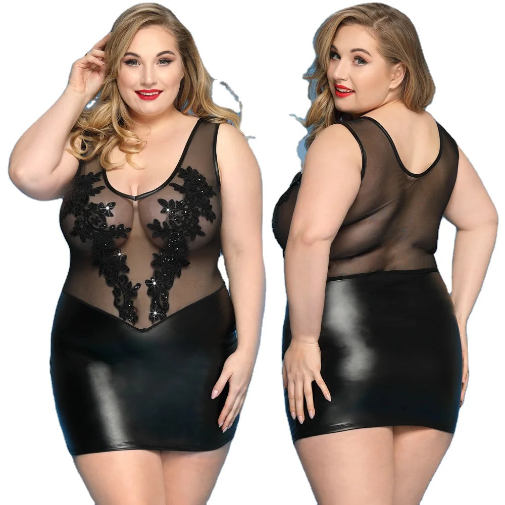 Plump Women Night Club XXL Black Seductive Pu Leather Plus Size Sexy Lingerie for Adults