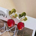 Fashion Silver Needle Leaf Flower Drop Earrings Red Crystal Raspberry Earrings Cute Fruit Strawberry Earrings for Girls Women