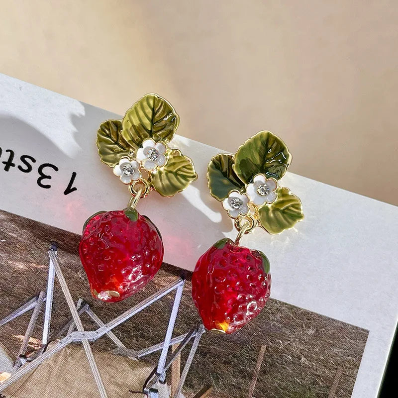 Fashion Silver Needle Leaf Flower Drop Earrings Red Crystal Raspberry Earrings Cute Fruit Strawberry Earrings for Girls Women