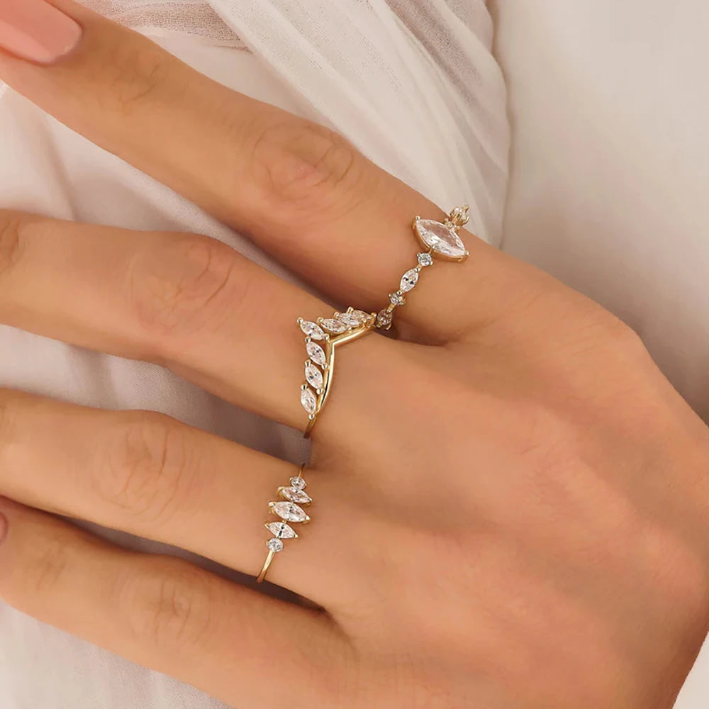 Tarnish Free Stainless Steel 18K Gold Plated Water Drop White Cubic Zircon Wedding Rings for Girls