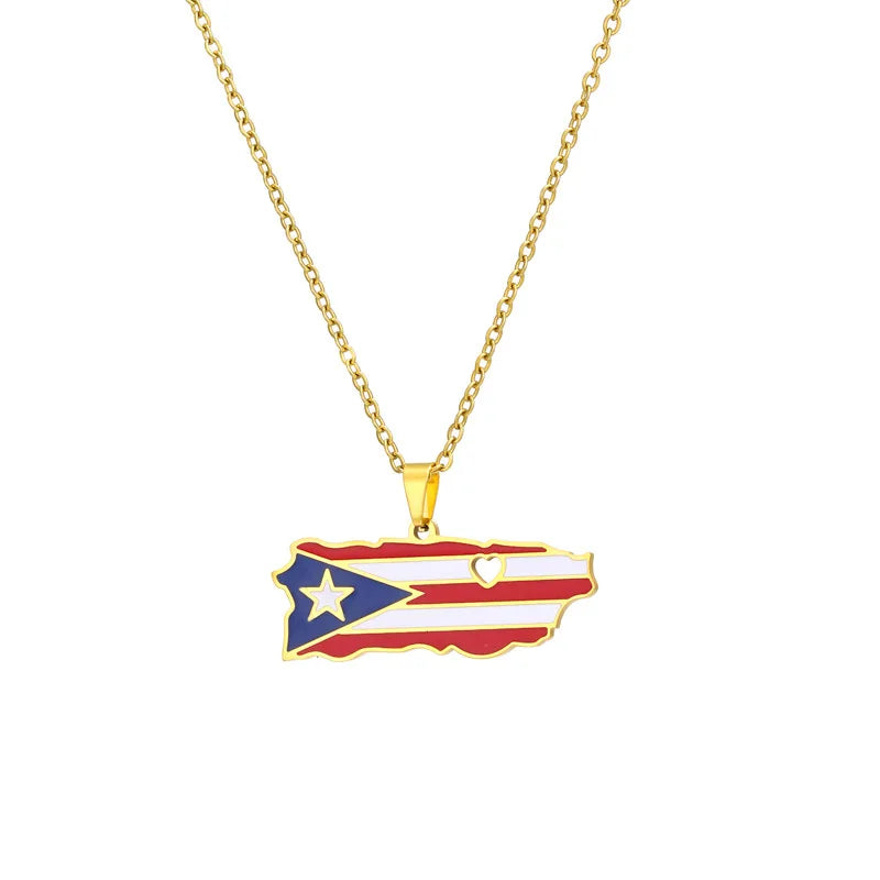 Stainless Steel Heart Pendent Colored Flag Puerto Ricos Map Necklace Jewelry Gift
