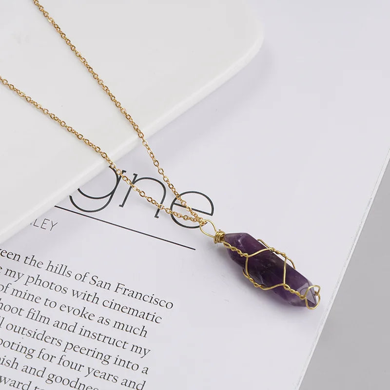 Zooying Exquisite Copper Wire Wrapped Hexagonal Crystal Pendant Necklace Natural Stone Fashion Jewelry Copper Wrapped Handmade