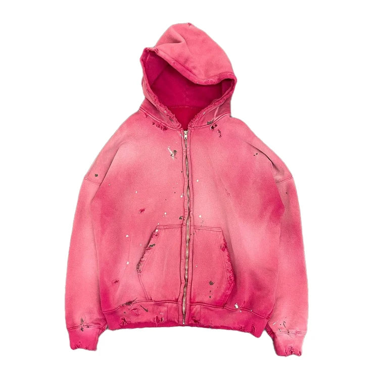 Custom High Quality Solid Color Cropped Zip Hoodie Heavyweight Vintage Acid Wash Sun Faded Distressed Pullover Sweatshirt Winter